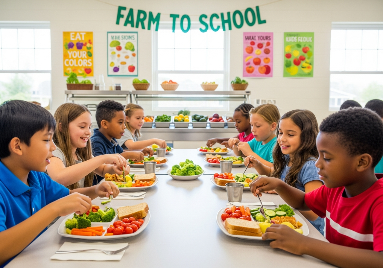 Children enjoying healthy school lunch