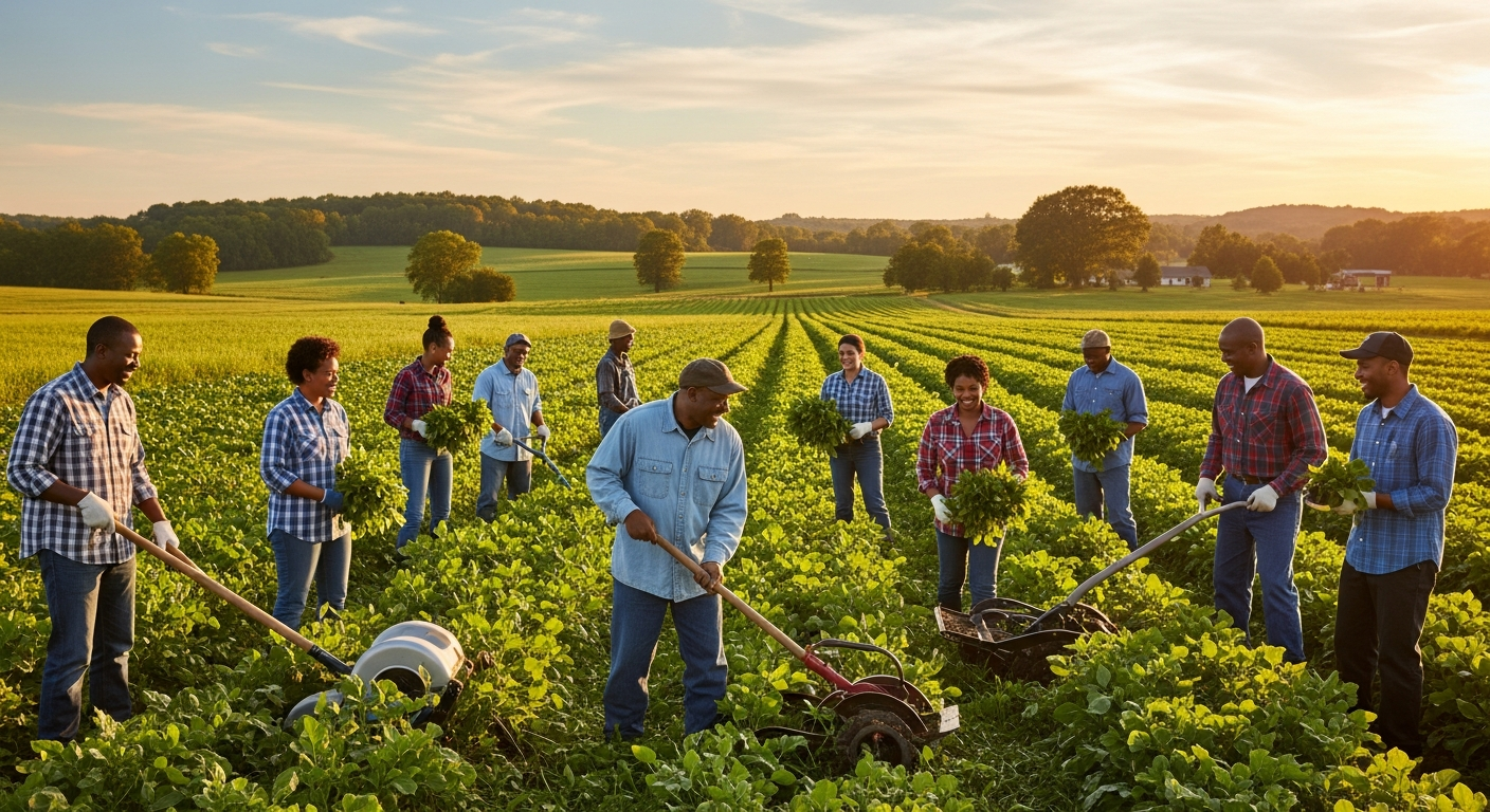 Farmers working together in a field at sunset
